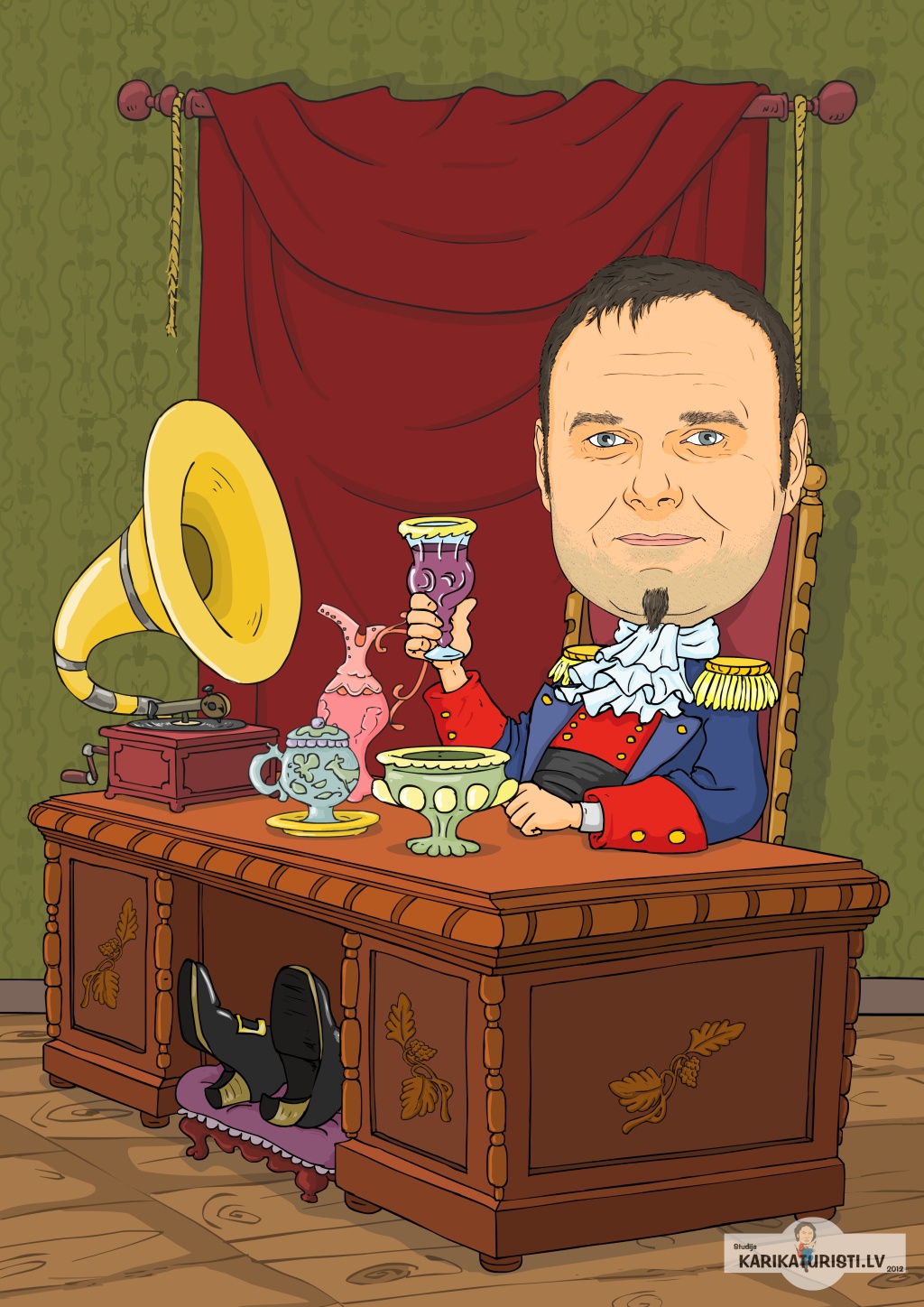 karikatūra atskaņotājs patafons oficiāls napoleons vīns greznība telts rakstāmgalds kāju balsts